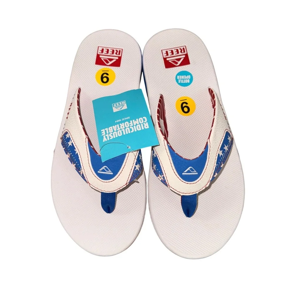 NEW Reef Fanning Tailgate Mens 9 Flip Flops White Red Blue Stars Stripes CJ6407